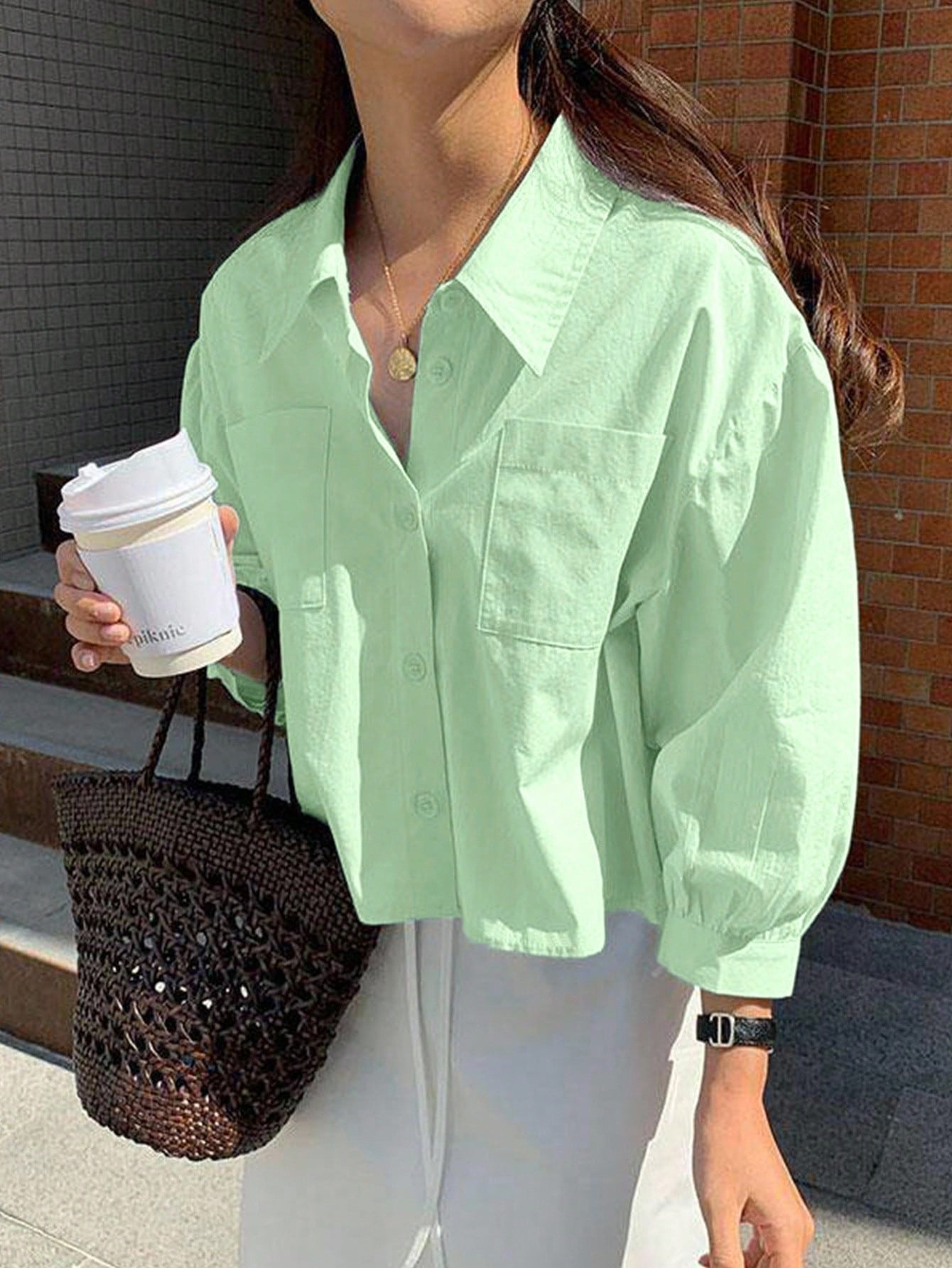 Jouncy Women's Solid Color Single-Breasted Pocket Loose Short Sleeve Shirt