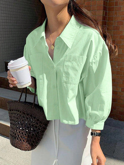 Jouncy Women's Solid Color Single-Breasted Pocket Loose Short Sleeve Shirt