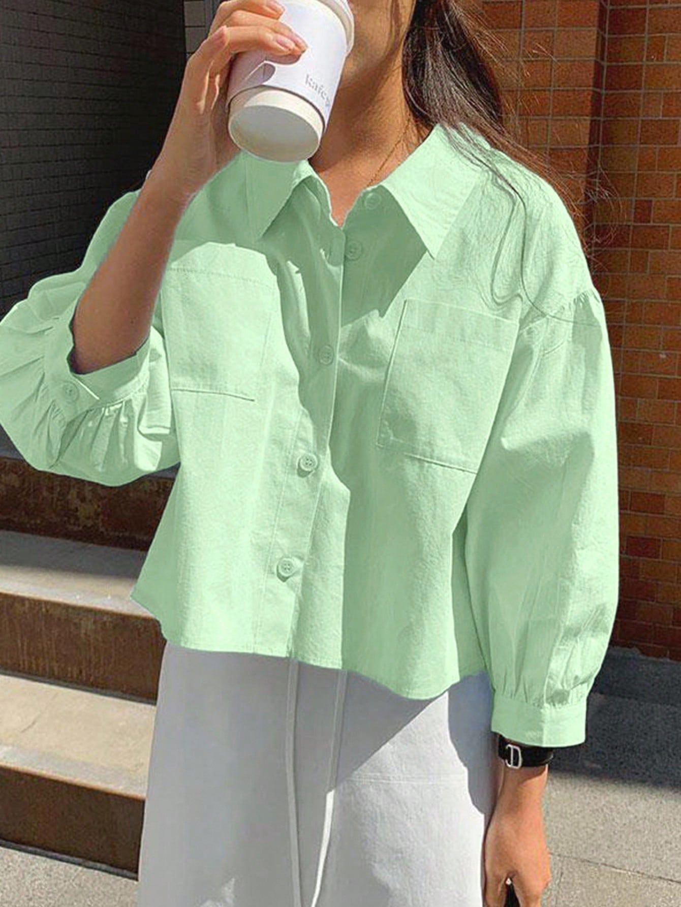 Jouncy Women's Solid Color Single-Breasted Pocket Loose Short Sleeve Shirt