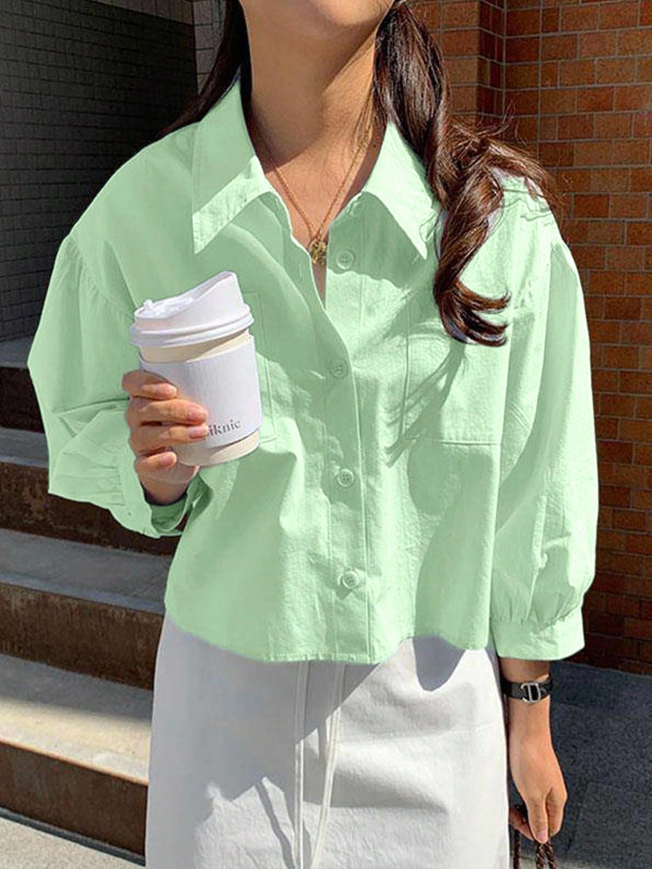 Jouncy Women's Solid Color Single-Breasted Pocket Loose Short Sleeve Shirt