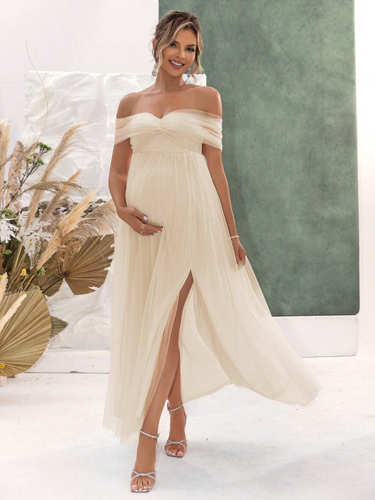 Joyfunear Off-Shoulder Mesh Sexy Maternity Dress Spring