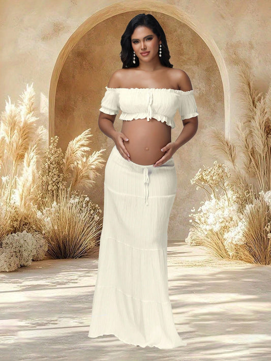 JustVH Maternity 2pcs Outfits Dress Boho Off Shoulder Ruffle Hem Crop Top & Flowy Maxi Skirt Sets For Photoshoot Baby Shower Beach Wear