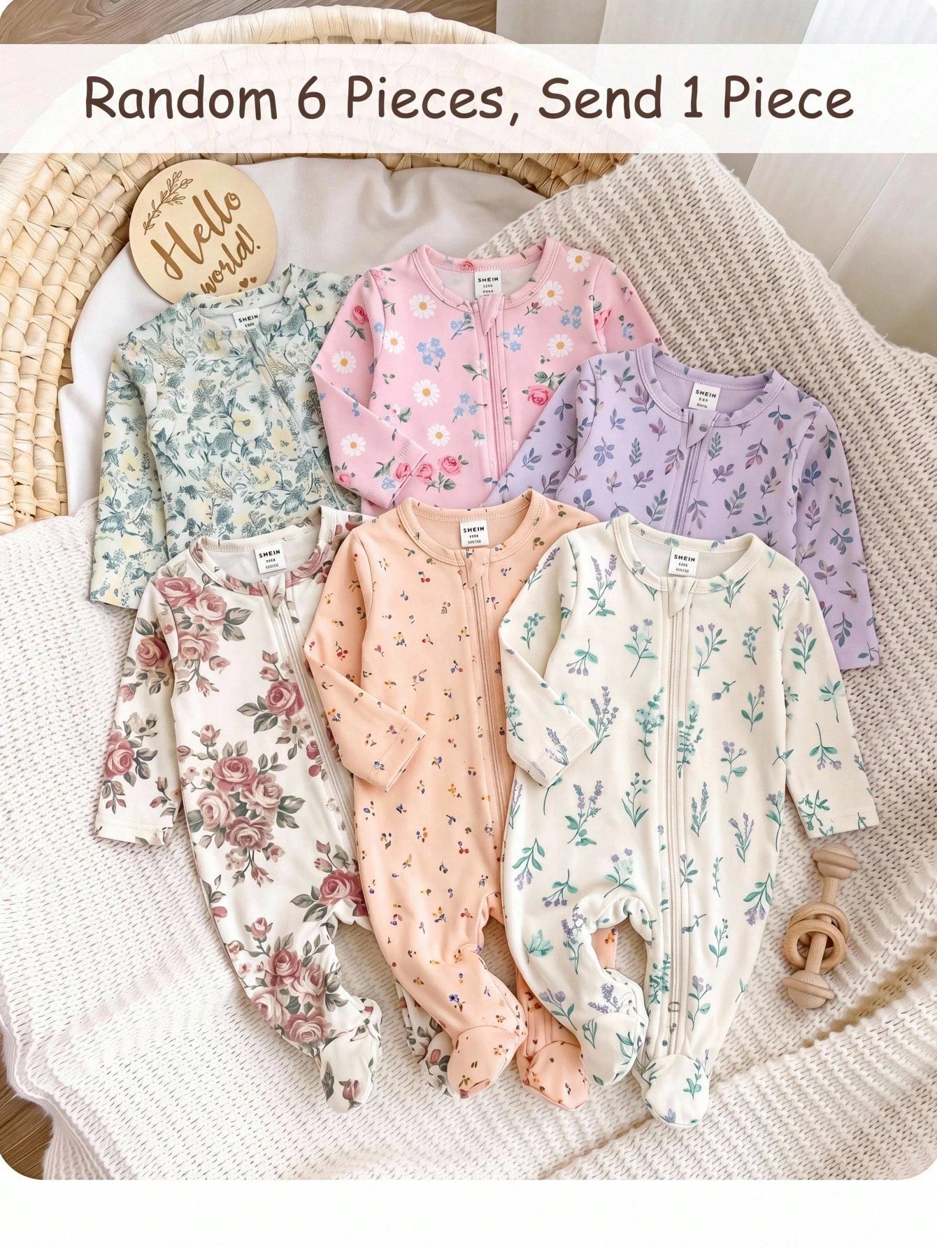Kids Newborn Ribbed Printed Long Sleeve Footed Romper,Random 6 Pieces, Send 1 Piece