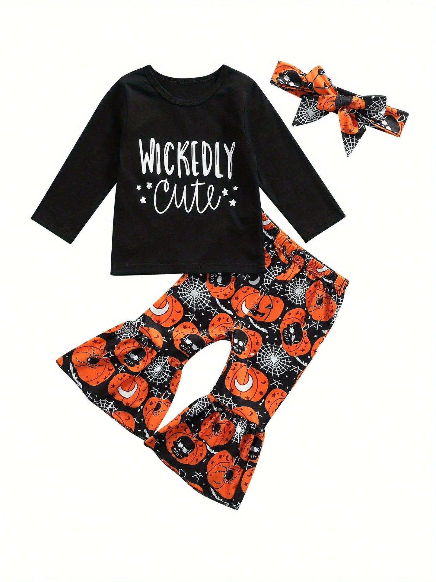 Kids Toddler Girl Halloween Outfit Long Sleeve Ghost Pumpkin Shirt Striped Bell Bottom Pants Clothes Set