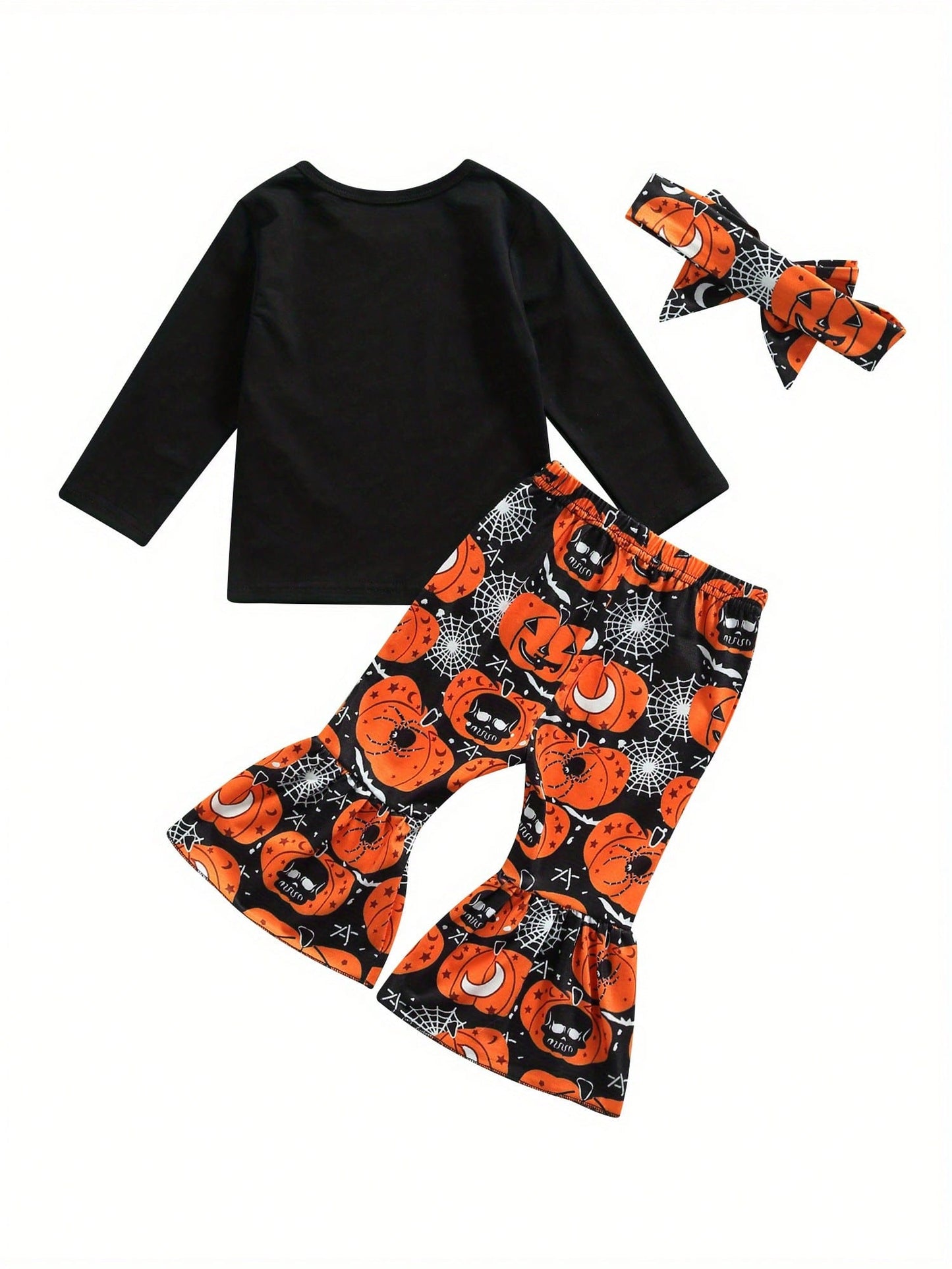 Kids Toddler Girl Halloween Outfit Long Sleeve Ghost Pumpkin Shirt Striped Bell Bottom Pants Clothes Set
