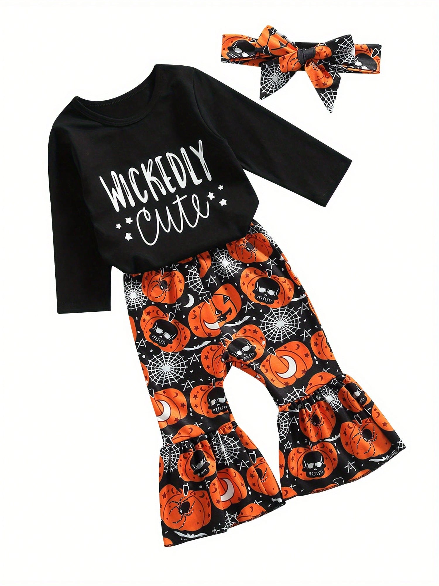 Kids Toddler Girl Halloween Outfit Long Sleeve Ghost Pumpkin Shirt Striped Bell Bottom Pants Clothes Set