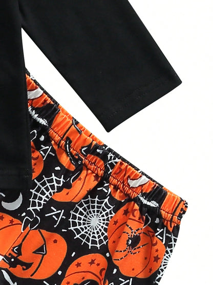 Kids Toddler Girl Halloween Outfit Long Sleeve Ghost Pumpkin Shirt Striped Bell Bottom Pants Clothes Set
