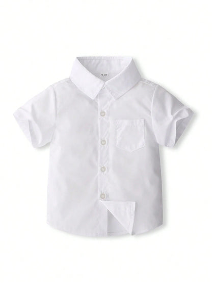 KIMOCAT Baby Boy White Versatile Casual Short Sleeve Collared Shirt, For Summer