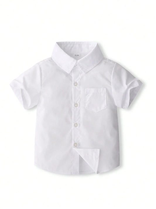 KIMOCAT Baby Boy White Versatile Casual Short Sleeve Collared Shirt, For Summer