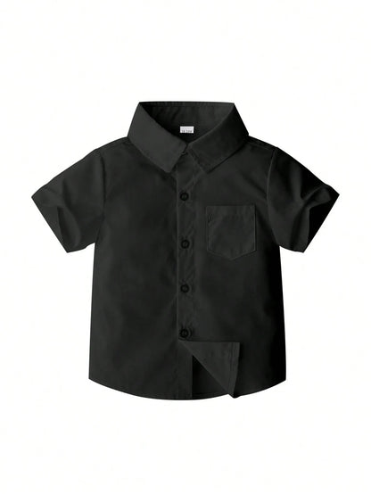KIMOCAT Baby Boy White Versatile Casual Short Sleeve Collared Shirt, For Summer