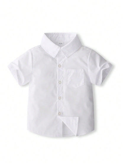 KIMOCAT Baby Boy White Versatile Casual Short Sleeve Collared Shirt, For Summer