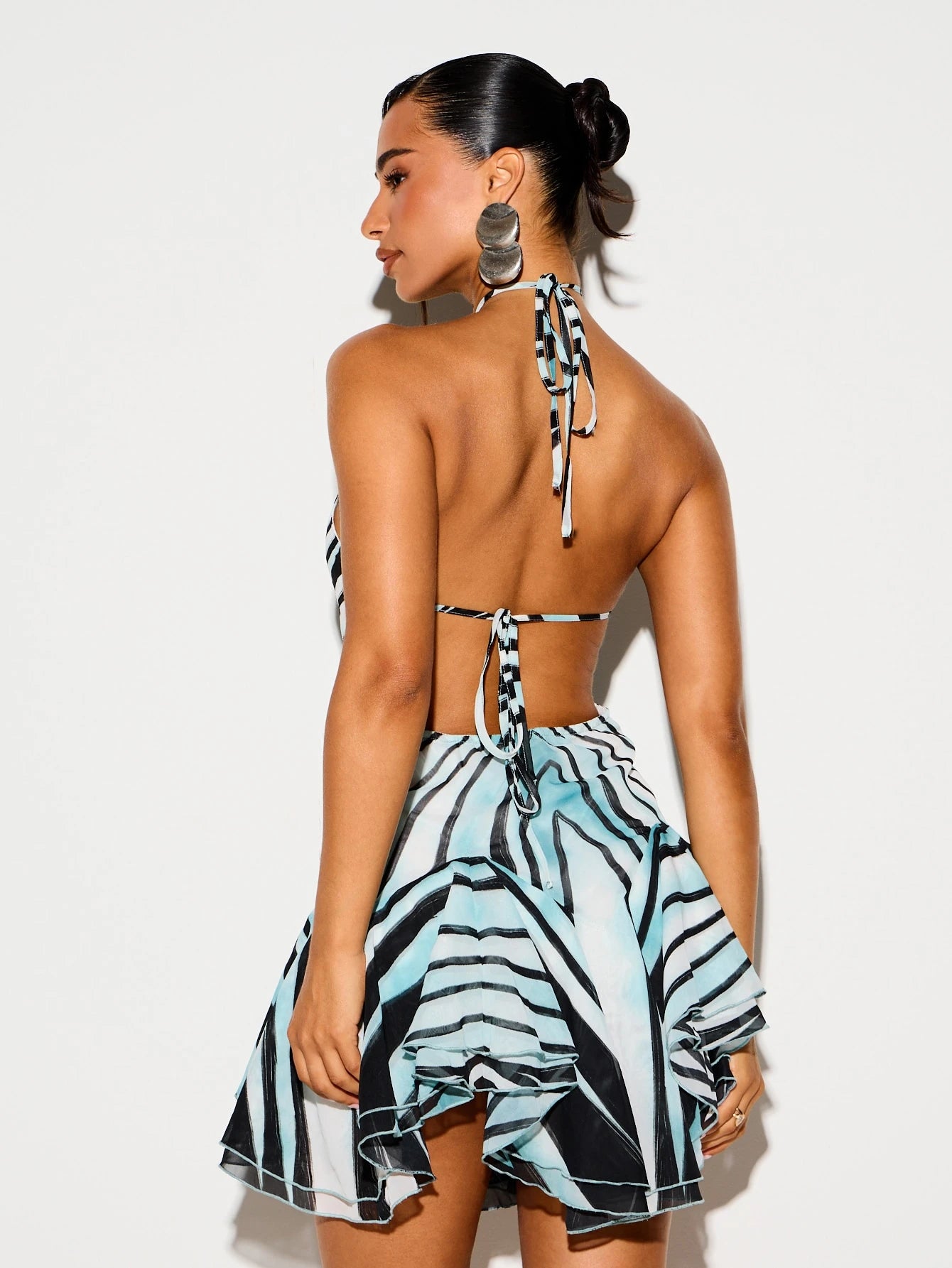 KIZN Animal Leopard Print Halter Neck Cut-Out Frill Mini Dress With Tie Back Detail Summer Festival Party