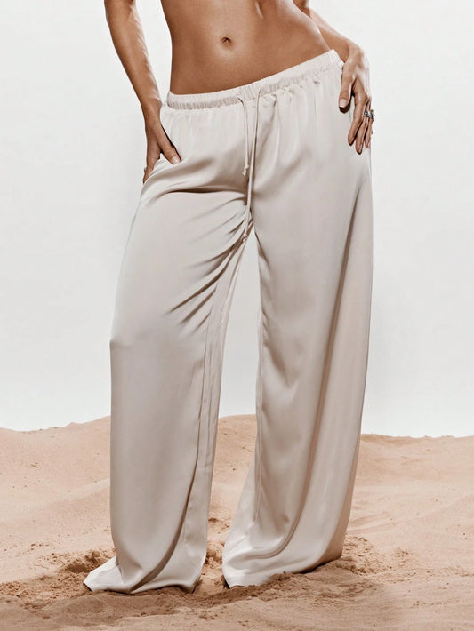 KIZN Luxurious Wide Leg Palazzo Pants Satin Loungewear Drawstring Waist Elegant Flow Summer Spring Beach Resort Wear Comfortable Loose Fit Trousers