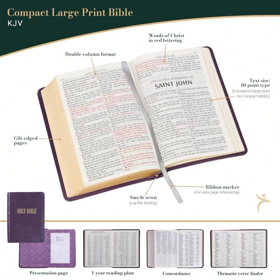 KJV Holy Bible, Large Print Compact Bible, Purple Faux Leather Bible W/Ribbon Marker, Red Letter Edition, King James Version