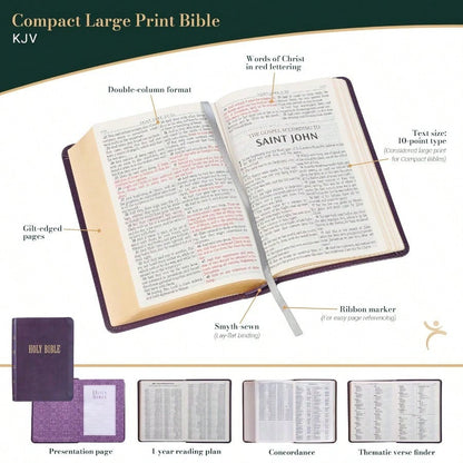 KJV Holy Bible, Large Print Compact Bible, Purple Faux Leather Bible W/Ribbon Marker, Red Letter Edition, King James Version