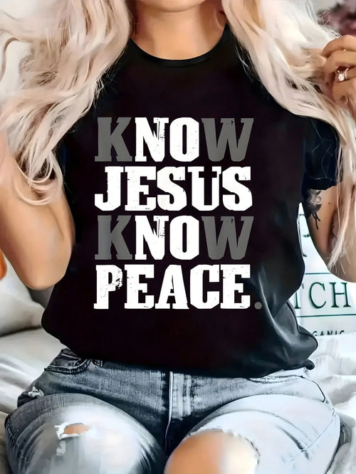 Know Jesus Know Peace Christianity Cross Faith Religion 1 Pcs Women's Plus Size T-Shirt Funny Oversized Graphic Short Sleeve Tee Novelty 100% Cotton 220g Shirt Casual Crew Neck Top