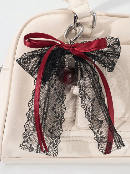 Lace Bow Keychain Hollow Red Ribbon Cherry Y2k Fashion Design Charm Delicate Backpack Key Chain Valentine's Day Gift Accessories Fall Burgundy