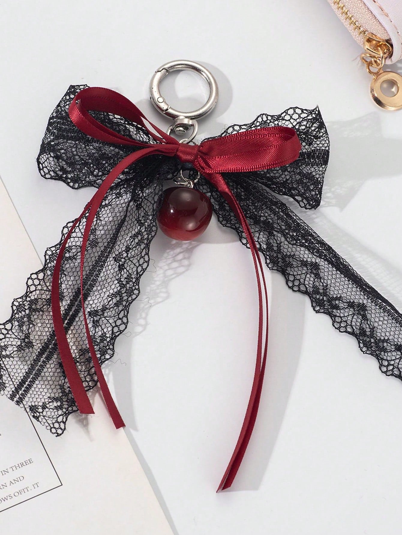Lace Bow Keychain Hollow Red Ribbon Cherry Y2k Fashion Design Charm Delicate Backpack Key Chain Valentine's Day Gift Accessories Fall Burgundy