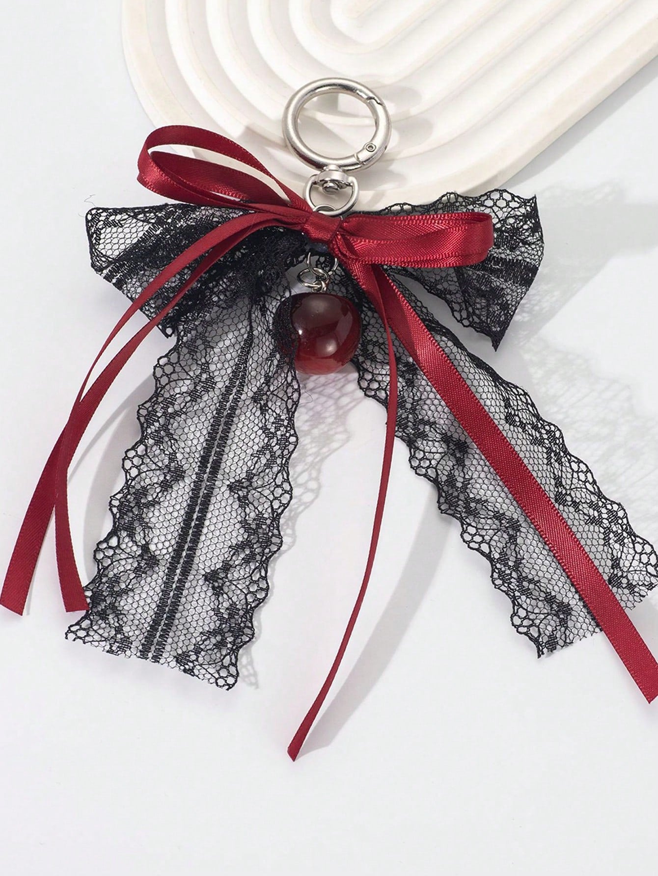 Lace Bow Keychain Hollow Red Ribbon Cherry Y2k Fashion Design Charm Delicate Backpack Key Chain Valentine's Day Gift Accessories Fall Burgundy