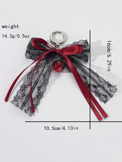 Lace Bow Keychain Hollow Red Ribbon Cherry Y2k Fashion Design Charm Delicate Backpack Key Chain Valentine's Day Gift Accessories Fall Burgundy