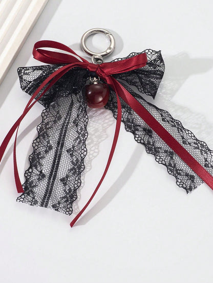 Lace Bow Keychain Hollow Red Ribbon Cherry Y2k Fashion Design Charm Delicate Backpack Key Chain Valentine's Day Gift Accessories Fall Burgundy