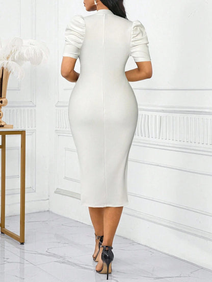 Lady 2025 New Women Solid Color Short Puff Sleeves Elegant Midi Dress, Fashion Suitable For Summer Wedding Guest D
