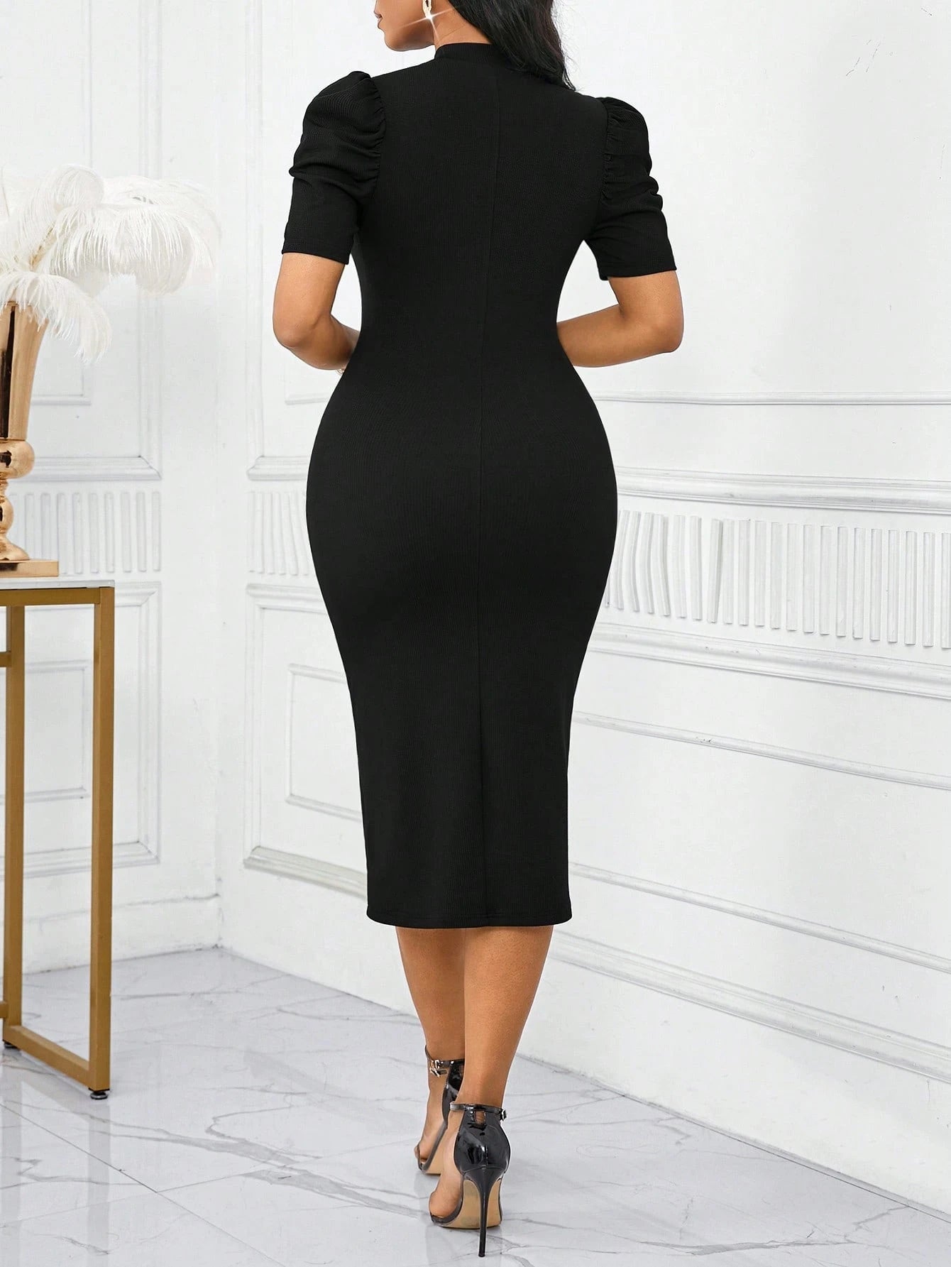 Lady 2025 New Women Solid Color Short Puff Sleeves Elegant Midi Dress, Fashion Suitable For Summer Wedding Guest D