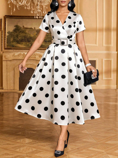 Lady Women's Vintage Elegant V-Neck Short Sleeve Belted White And Black Polka Dot Midi Dress Day Party Summer