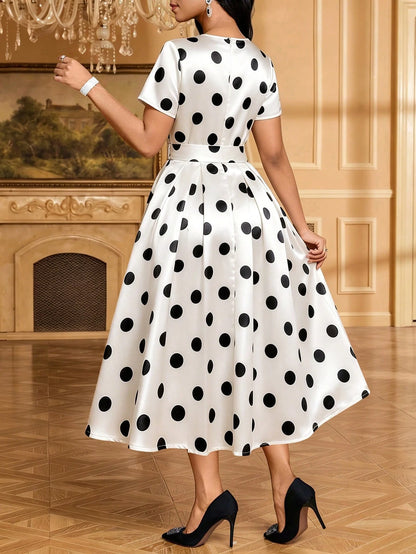 Lady Women's Vintage Elegant V-Neck Short Sleeve Belted White And Black Polka Dot Midi Dress Day Party Summer