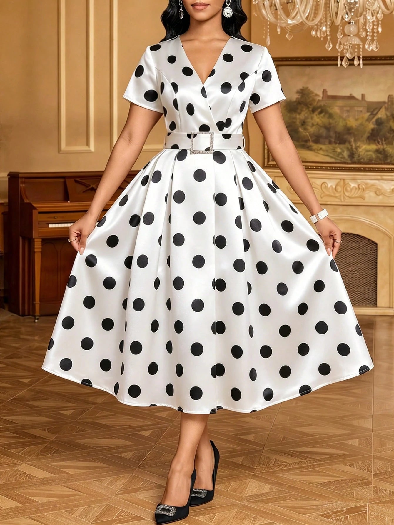Lady Women's Vintage Elegant V-Neck Short Sleeve Belted White And Black Polka Dot Midi Dress Day Party Summer
