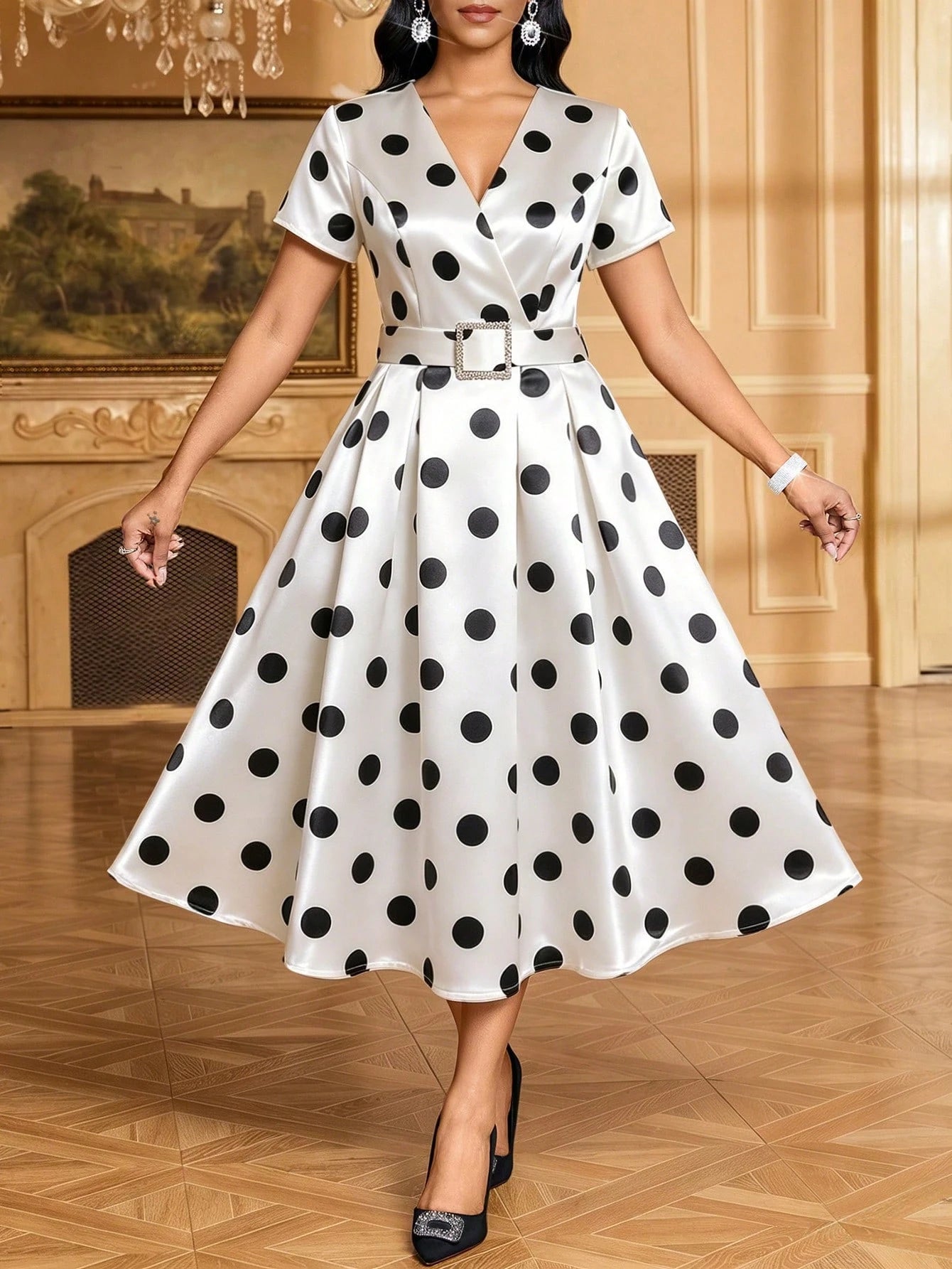 Lady Women's Vintage Elegant V-Neck Short Sleeve Belted White And Black Polka Dot Midi Dress Day Party Summer