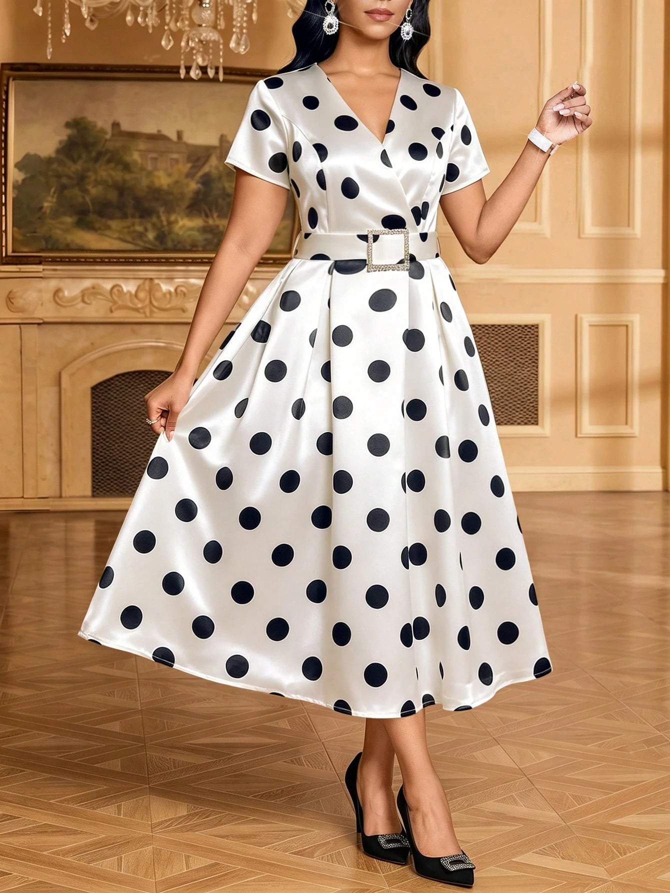 Lady Women's Vintage Elegant V-Neck Short Sleeve Belted White And Black Polka Dot Midi Dress Day Party Summer
