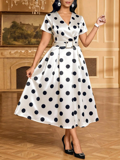 Lady Women's Vintage Elegant V-Neck Short Sleeve Belted White And Black Polka Dot Midi Dress Day Party Summer