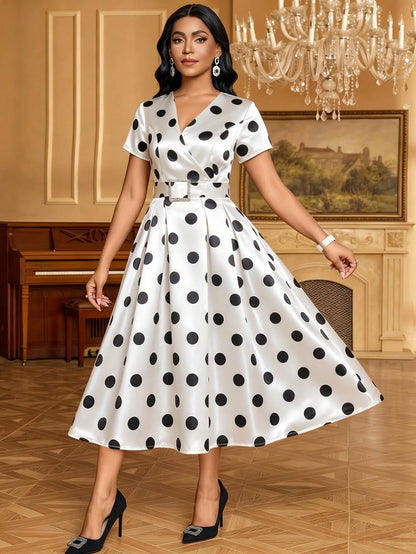 Lady Women's Vintage Elegant V-Neck Short Sleeve Belted White And Black Polka Dot Midi Dress Day Party Summer