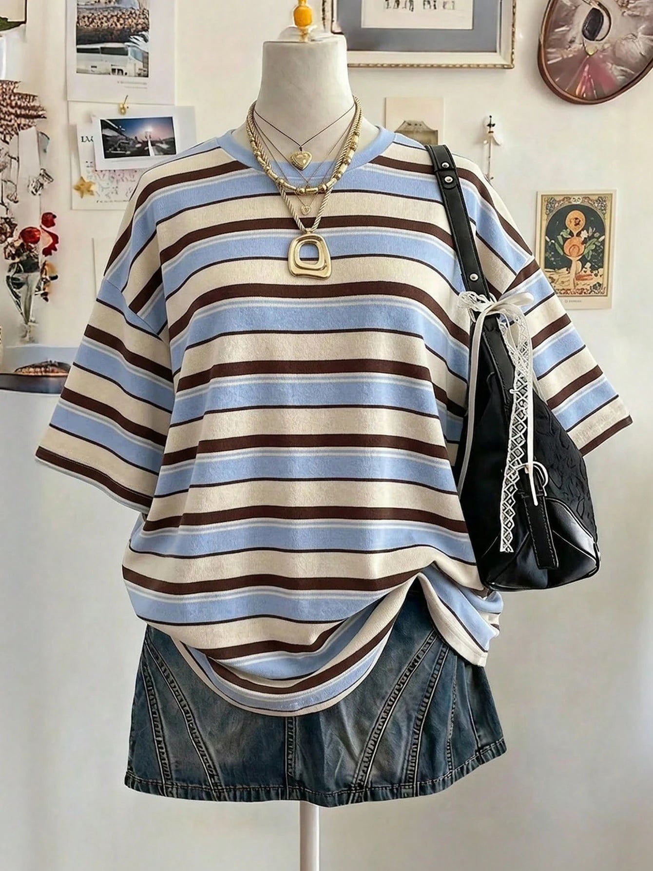 Lalippa Striped Digital Print Casual Plus Size Women Long Round Neck Drop Shoulder T-Shirt, Gift For Friends