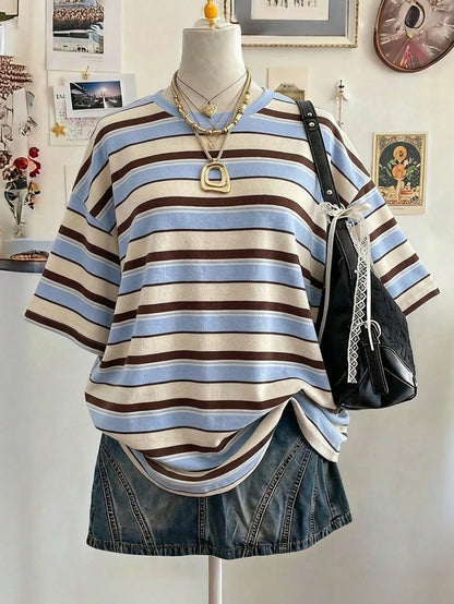 Lalippa Striped Digital Print Casual Plus Size Women Long Round Neck Drop Shoulder T-Shirt, Gift For Friends