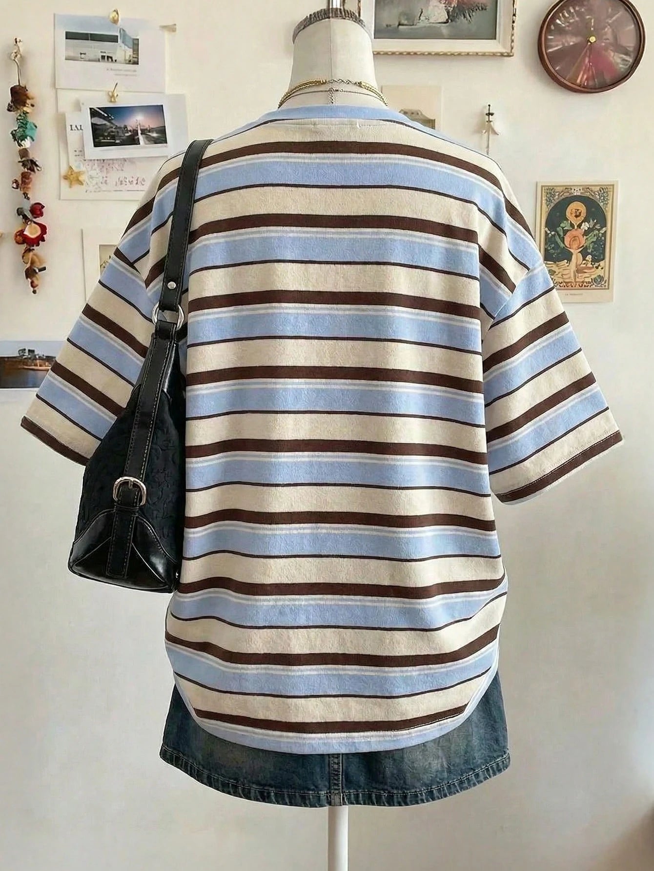 Lalippa Striped Digital Print Casual Plus Size Women Long Round Neck Drop Shoulder T-Shirt, Gift For Friends