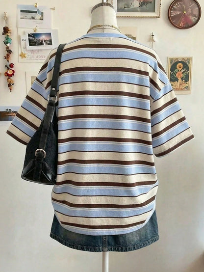 Lalippa Striped Digital Print Casual Plus Size Women Long Round Neck Drop Shoulder T-Shirt, Gift For Friends