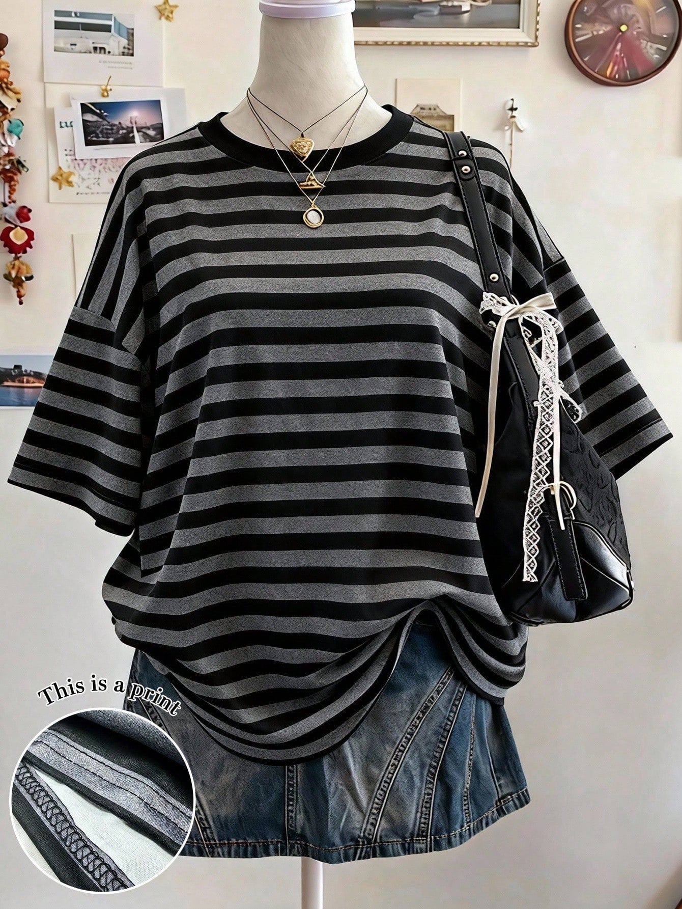 Lalippa Striped Digital Print Casual Plus Size Women Long Round Neck Drop Shoulder T-Shirt, Gift For Friends