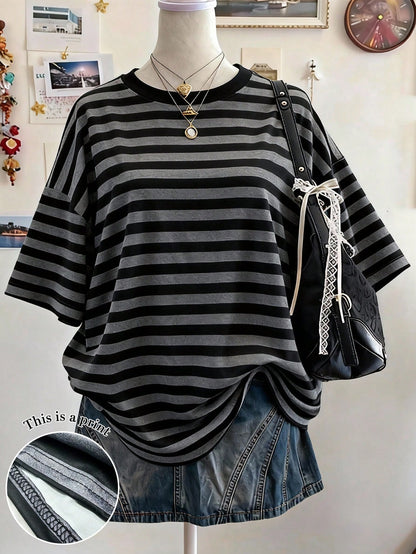 Lalippa Striped Digital Print Casual Plus Size Women Long Round Neck Drop Shoulder T-Shirt, Gift For Friends