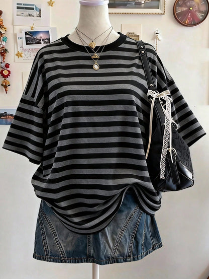 Lalippa Striped Digital Print Casual Plus Size Women Long Round Neck Drop Shoulder T-Shirt, Gift For Friends