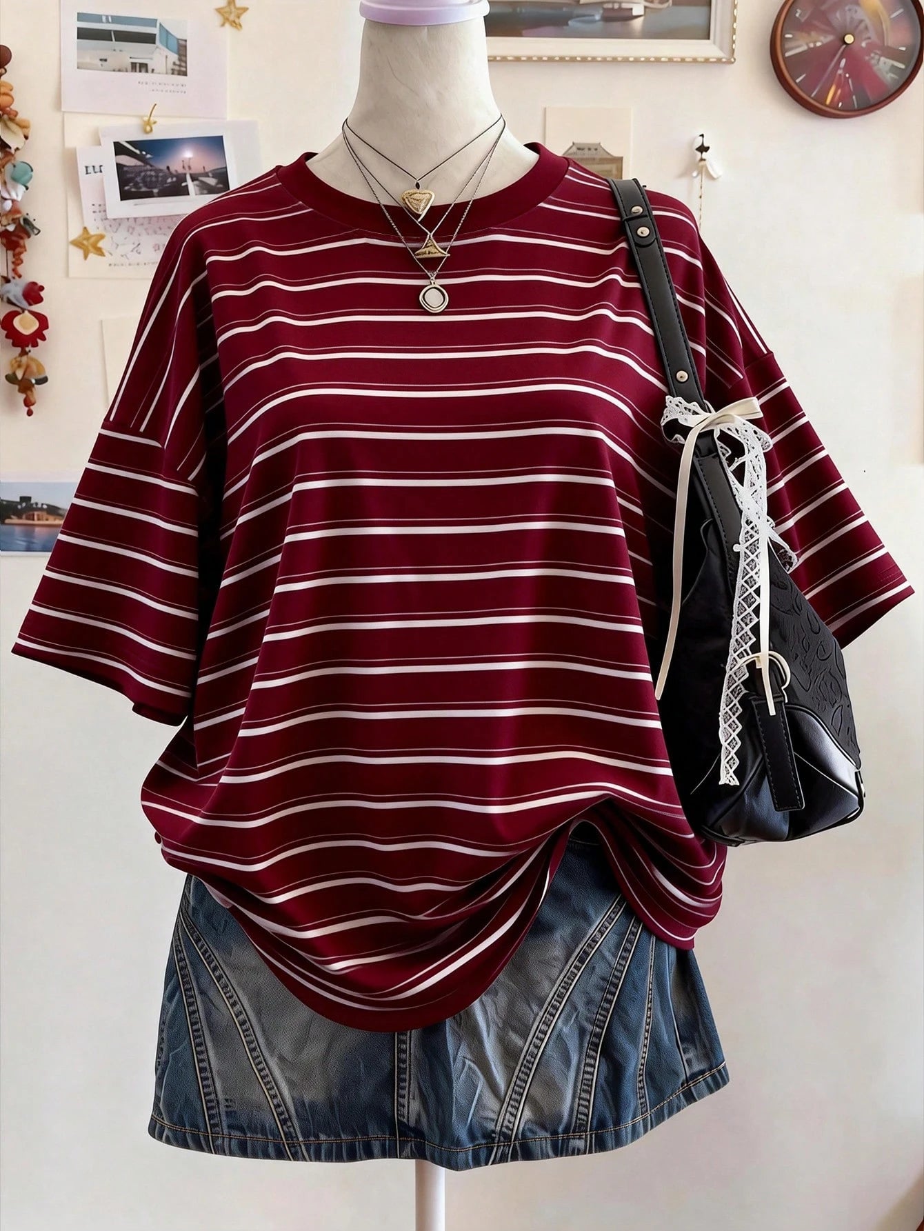 Lalippa Striped Digital Print Casual Plus Size Women Long Round Neck Drop Shoulder T-Shirt, Gift For Friends