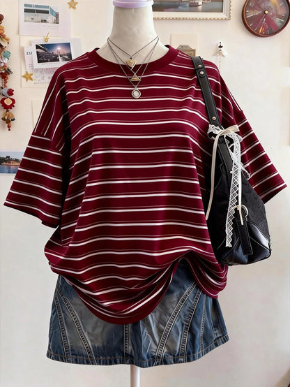 Lalippa Striped Digital Print Casual Plus Size Women Long Round Neck Drop Shoulder T-Shirt, Gift For Friends