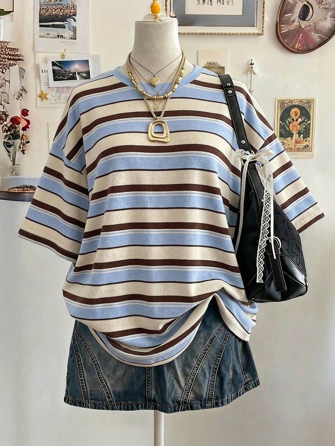 Lalippa Striped Digital Print Casual Plus Size Women Long Round Neck Drop Shoulder T-Shirt, Gift For Friends