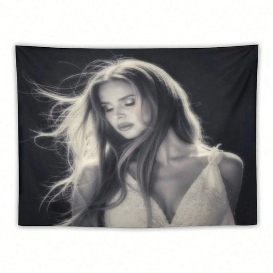 Lana Retro 80s Iconic Lana Tapestry Wall Hanging- Black & White Photo Print, Horizontal Large Wall Art For Home Decor, Bedroom, Dorm, Office- Soft Beige-Toned Texture Fabric