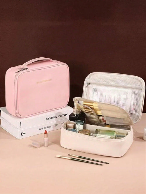Large Capacity Spacious Double Layer Cosmetic Bag, PU Leather Waterproof Cosmetic Bag, Cosmetic Storage Bag, Lightweight Toiletries Cosmetic Bag, Large Capacity Toiletries Bag With Dividers, Cosmetic