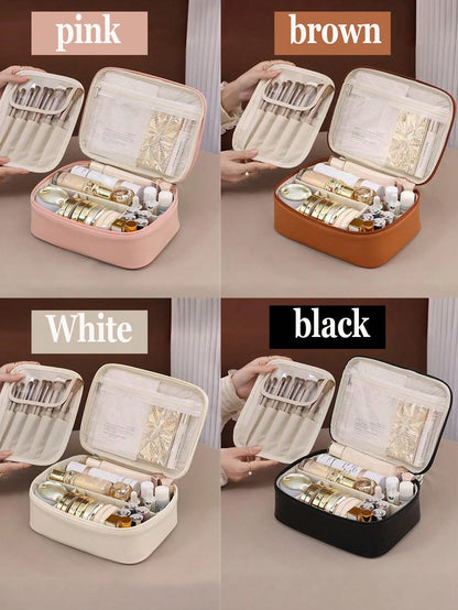 Large Capacity Spacious Double Layer Cosmetic Bag, PU Leather Waterproof Cosmetic Bag, Cosmetic Storage Bag, Lightweight Toiletries Cosmetic Bag, Large Capacity Toiletries Bag With Dividers, Cosmetic