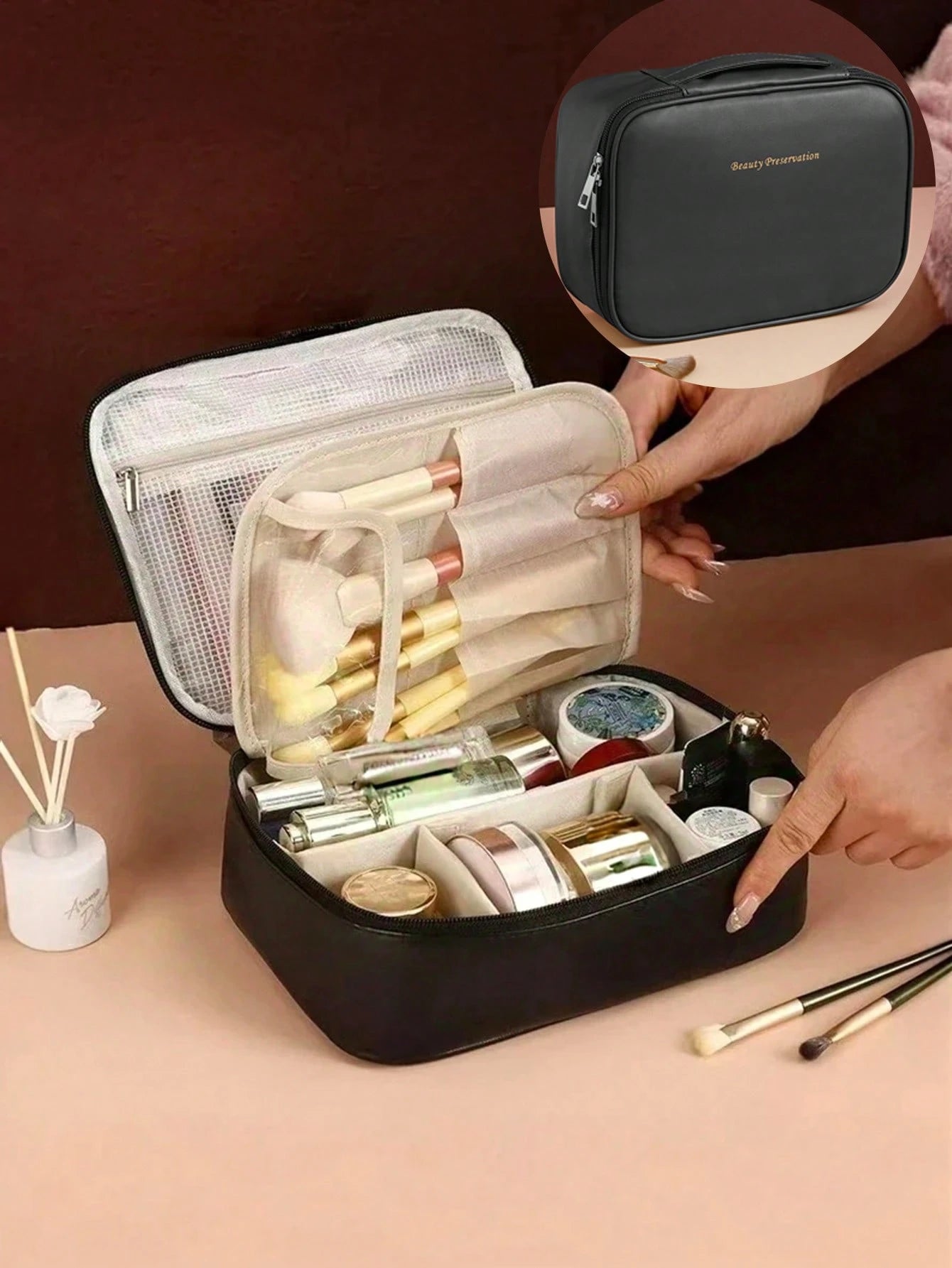 Large Capacity Spacious Double Layer Cosmetic Bag, PU Leather Waterproof Cosmetic Bag, Cosmetic Storage Bag, Lightweight Toiletries Cosmetic Bag, Large Capacity Toiletries Bag With Dividers, Cosmetic