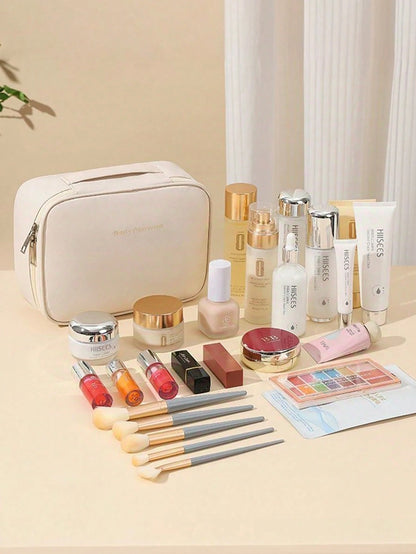 Large Capacity Spacious Double Layer Cosmetic Bag, PU Leather Waterproof Cosmetic Bag, Cosmetic Storage Bag, Lightweight Toiletries Cosmetic Bag, Large Capacity Toiletries Bag With Dividers, Cosmetic
