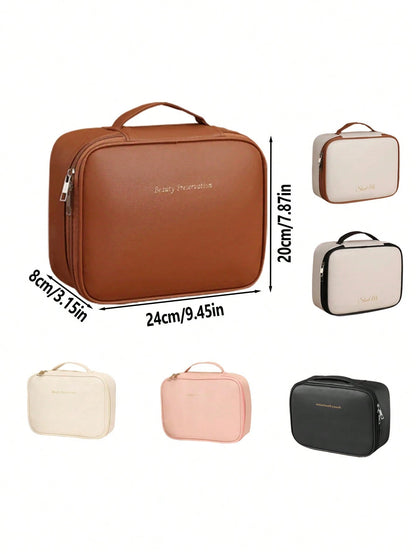 Large Capacity Spacious Double Layer Cosmetic Bag, PU Leather Waterproof Cosmetic Bag, Cosmetic Storage Bag, Lightweight Toiletries Cosmetic Bag, Large Capacity Toiletries Bag With Dividers, Cosmetic